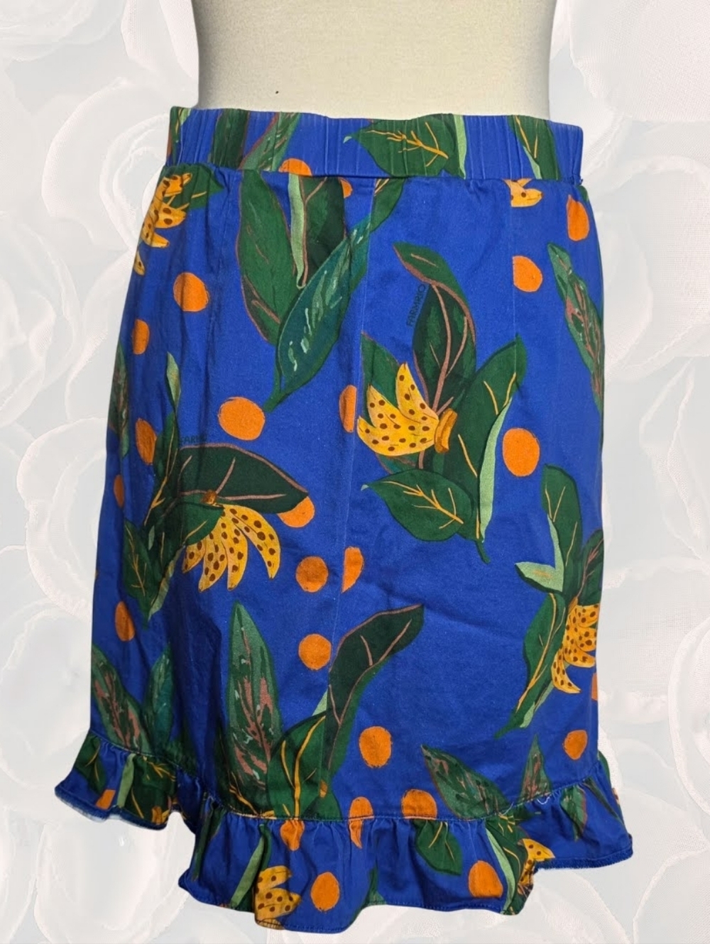 FARM Rio for Anthropologie Citrus Tropical Ruched Mini Skirt Blue Orange M - Picture 2 of 10